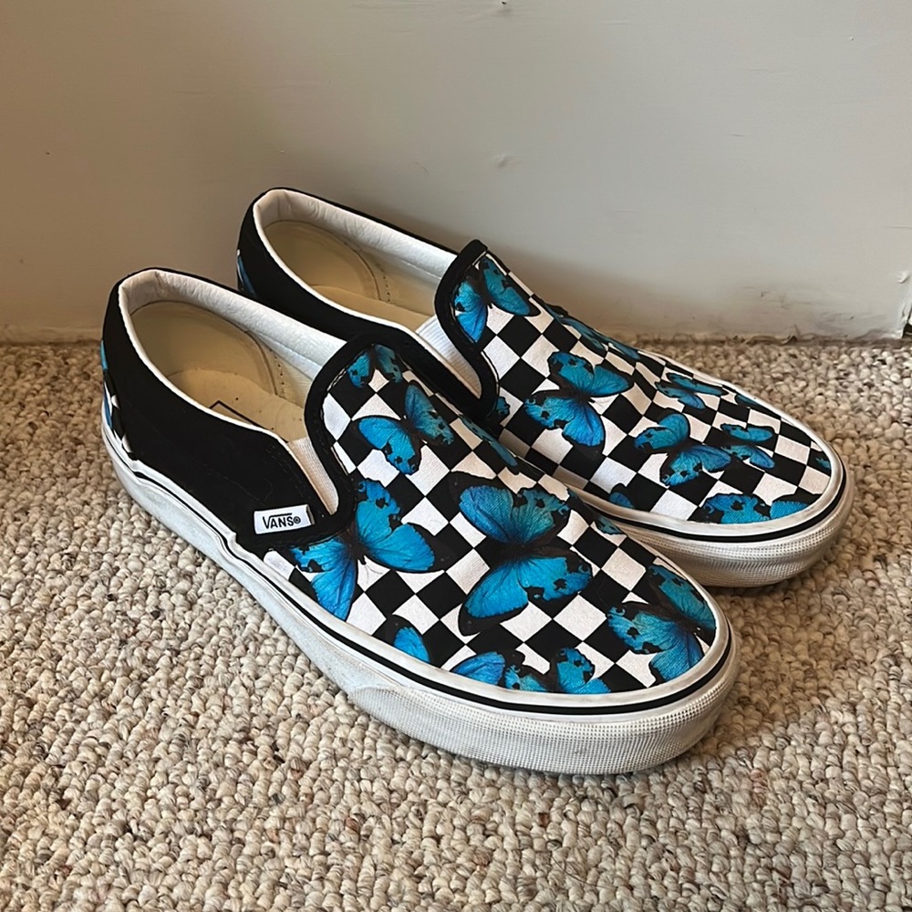 size 8 blue butterfly print VANS slip ons